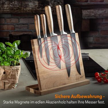 Набір ножів у блоці (6 шт) Premium – професійний кухонний набір з магнітного блоку з акації (чорний, з керамічним покриттям)