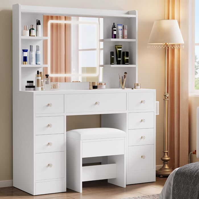 Туалетний столик YITAHOME з підсвічуванням та дзеркалом, з пуфом, 4 шухляди, відкриті полиці, чорний (білий, 9 шухляд)