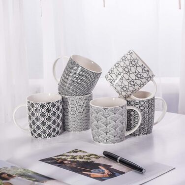 Набір чашок для кави та чаю, 6 шт., чорно-білий геометричний візерунок, кераміка