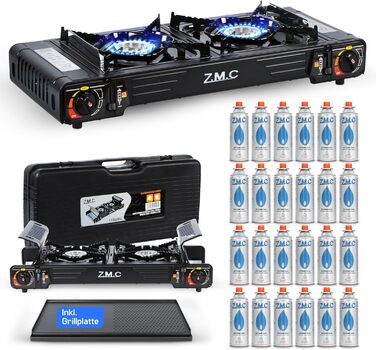 Преміум туристичний газовий набір ZMC: 2-конфортний газовий нагрівач 2,5 кВт з Piezo-запалюванням та валіза для транспортування | Для кемпінгу, балкону та дому | Включає гриль-плиту 45×24 см та газові картриджі 227г
