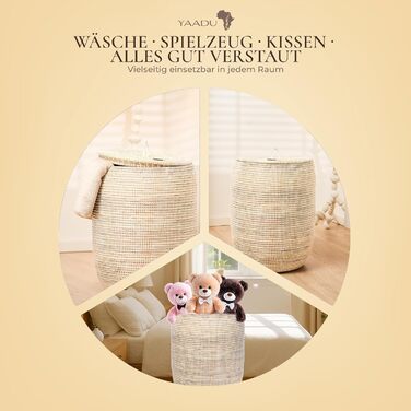 Кошик для білизни YAADU з кришкою - великий (XXL), африканський кошик для збору білизни, кошик для прання, білий/плоский