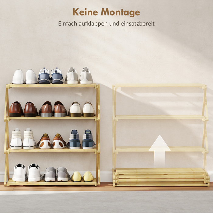 Стеллаж для взуття на 4 яруси, підставка для взуття з бамбука, вміщує до 12 пар взуття, ідеально підходить для передпокою, коридору, розміри 60 x 29 x 67 см, колір: натуральний