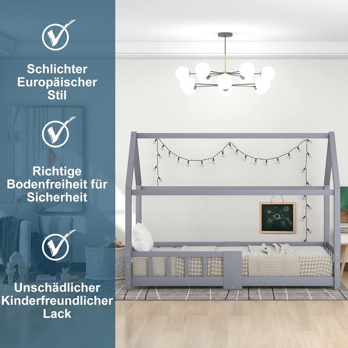 Дитяче ліжко-будиночок Moimhear 90x200 см, сірий колір, з соснового дерева, для дітей