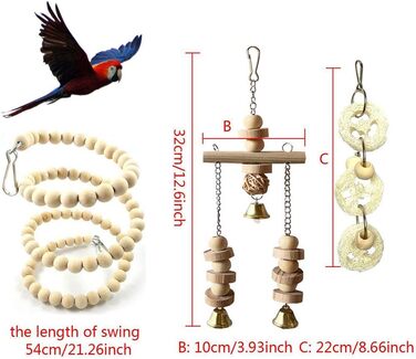 Різнокольорові іграшки для папуг для пташиної клітки підвісні гойдалки дзвіночки Гамак сідала жувальні іграшки для папуги з натурального дерева (комплект 1), 10 шт.
