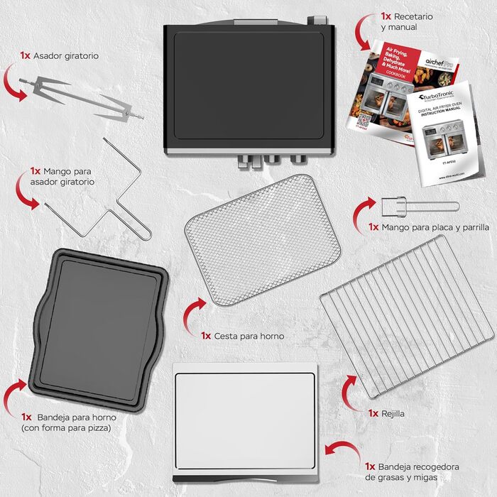 TurboTronic Міні-піч 4в1: конвекційна піч, фритюрниця, дегідратор, гриль. Об'єм 32л, з поворотним шампуром та аксесуарами. Чорний колір.