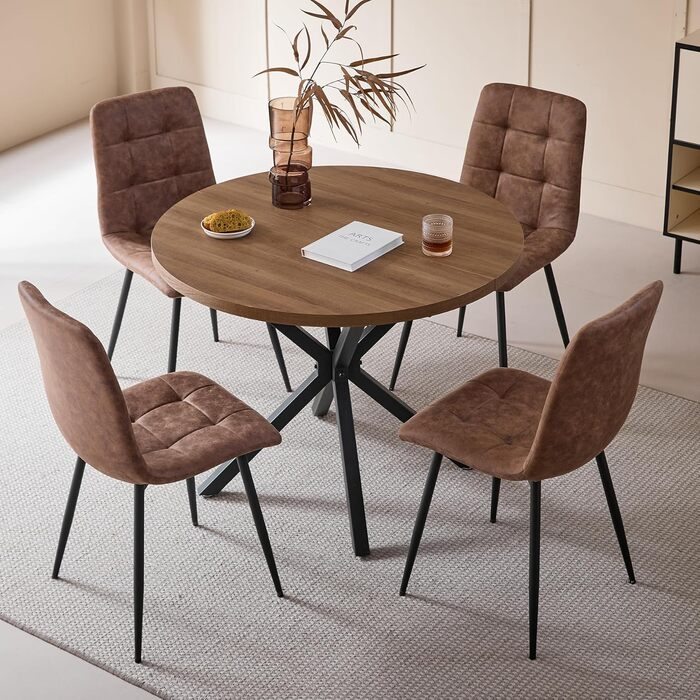 Комплект їдальні 5-ти частинний: круглий стіл 100 см та 4 стільці (голландський фліс). Підходить для кухні, вітальні, балкону, ресторану, офісу. Темне дерево + світло-коричневий колір.