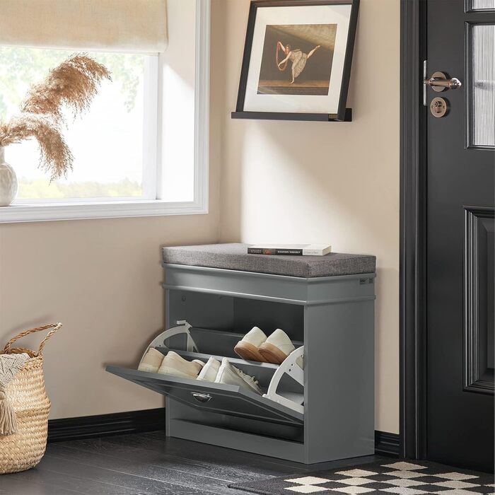 Полка для взуття SoBuy з подушкою для сидіння та місцем для зберігання, вузька, до 150 кг, сірий, 60x51x24 см