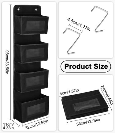 Підвісна полиця на дверях, 4 кишені з прозорим вікном, 2 металеві гачки, підвісне зберігання, чорний