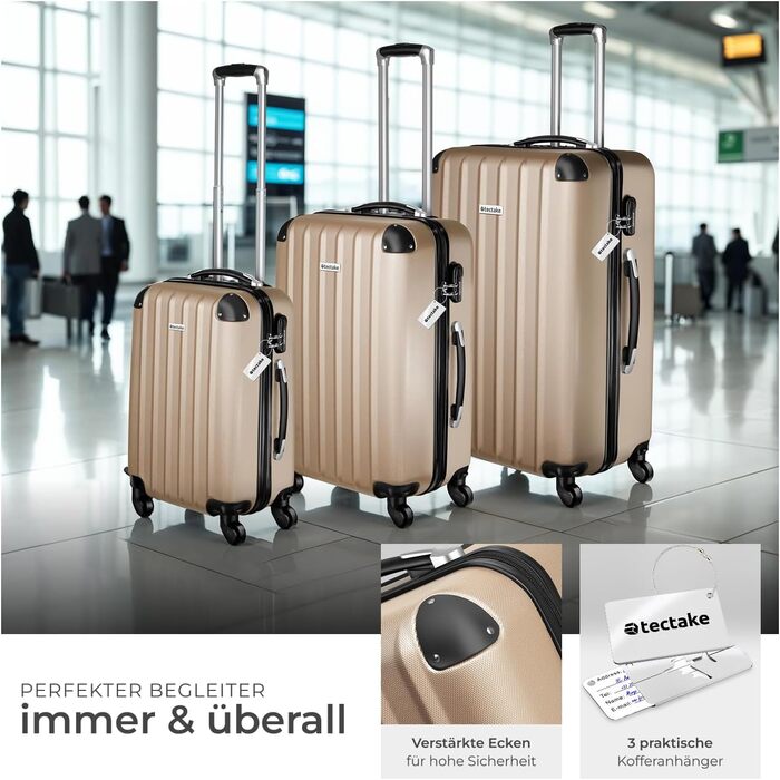 Набір валіз Tectake (M-L-XL) з ваговою та бізнес-ідентифікатором, ABS, телескопічний ручка, коліщата, набір валіз для подорожей, колір шампань