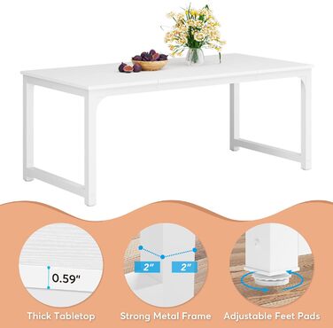 Стіл Tribesigns 180x80 см, індустріальний кухонний стіл для 6-8 осіб, прямокутний стіл для їдальні, кухні, вітальні, з міцними металевими ніжками (Білий)