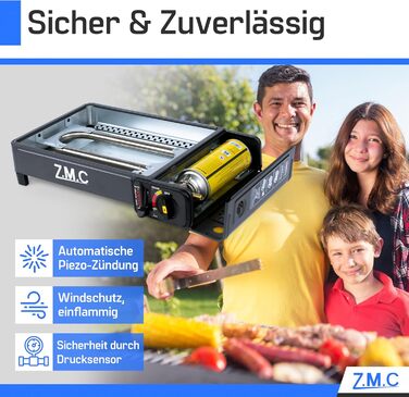 Z.M.C. 2-в-1 газовий набір для кемпінгу: плита та гриль з аксесуарами та кейсом. Газовий гриль та плита з пьезозапалюванням, 2.2kW, LPG-підключення