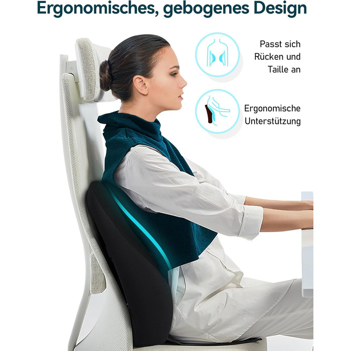 Подушка для спини Ergonomisches RückenKissen Travel Ease з гелевою піною Memory Foam, для офісного крісла, з антистатичним, приємним до шкіри чохлом, для комфортної посадки (Чорний)