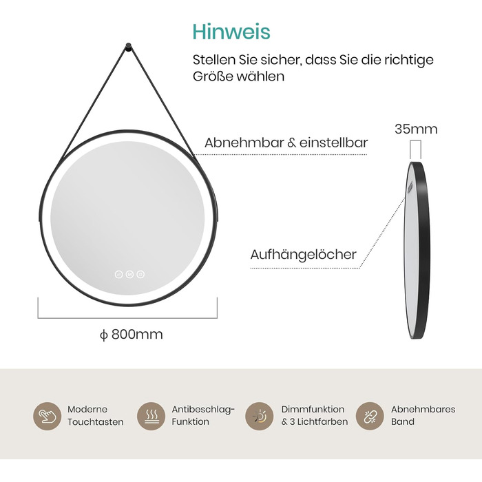 Дзеркало для ванної кімнати EMKE з підсвічуванням, діаметр 50 см, чорна рама, регульоване світло, антизапар, сенсорне управління, функція пам'яті, 80x80 см