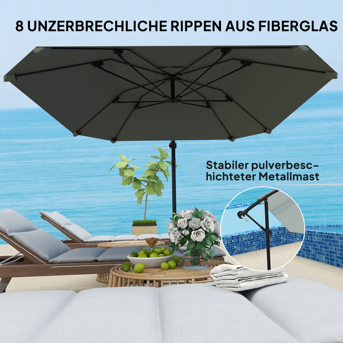 Парасолька Outsunny Centilever Alu Ø 260 см Парасолька, водонепроникна Кривошипна парасолька з підставкою, кривошипом, захистом від вітру, поворотна Ринкова парасолька похила Садова парасолька Захист від сонця для балкона Сад Патіо Темно-сірий