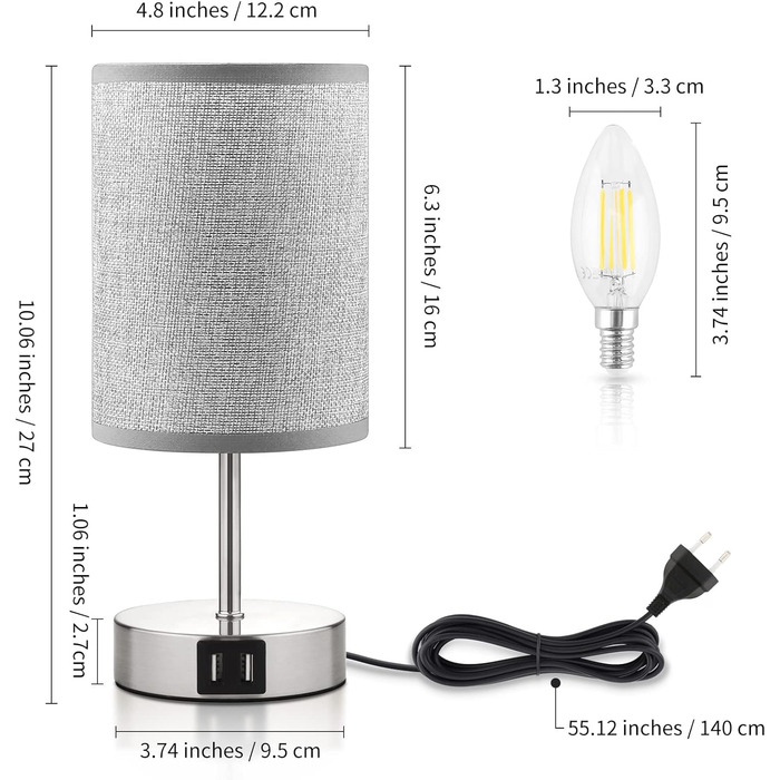 Набір з 2 сенсорних приліжкових світильників, LED, USB порти, з можливістю затемнення, енергозберігаючий, сірий