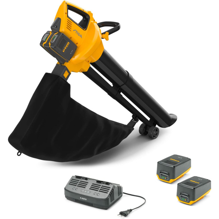 STIGA VS 100e: Акумуляторний пилосос-подрібнювач-дугун, 2 x 20V акумулятори, 45л контейнер, 3-в-1 для листя та сміття, з зарядним пристроєм