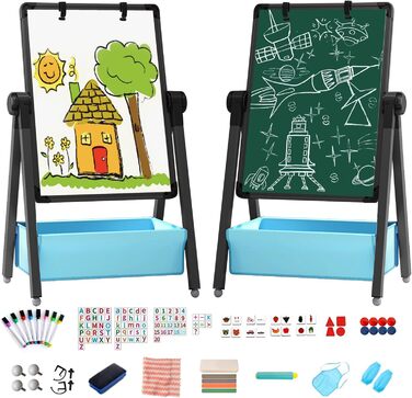 Дитяча мольберт Kinderstaffelei: двосторонній, металевий, регульований по висоті, 360° обертання, дошка для малювання та письма з літерами та цифрами (чорний)