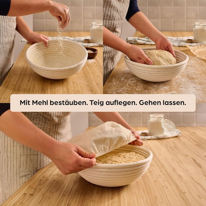 Набір кошиків для хліба Praknu (2 шт.) з ротангу, 25 см - з щіткою, льоновим вкладанням та мішком для хліба