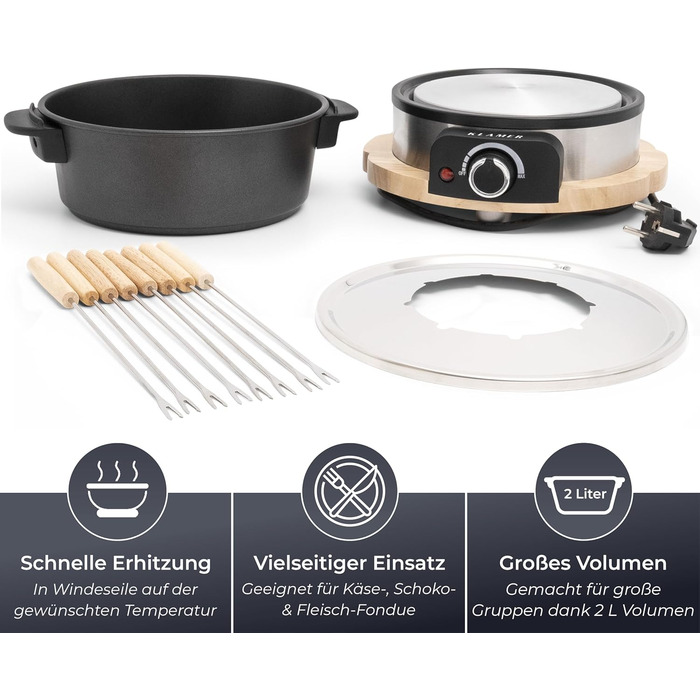 Електричний Фондю-набір KLAMER для 8 осіб з 8 виделок, регулювання температури, захист від бризок, посуд з алюмінію, екологічна обкладка з каучуку