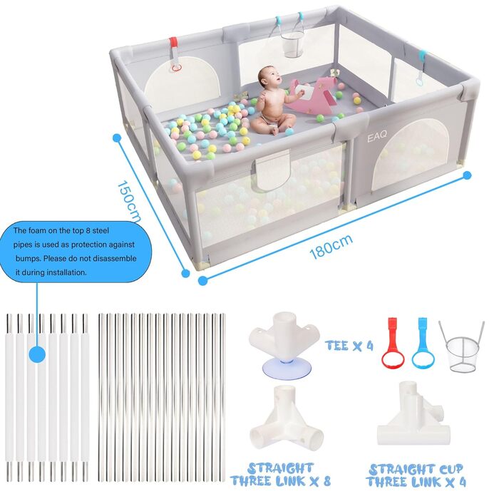 Дитячий манеж EAQ з килимком, дихаюча сітка, дитячий паркан (сірий, 150x180см)