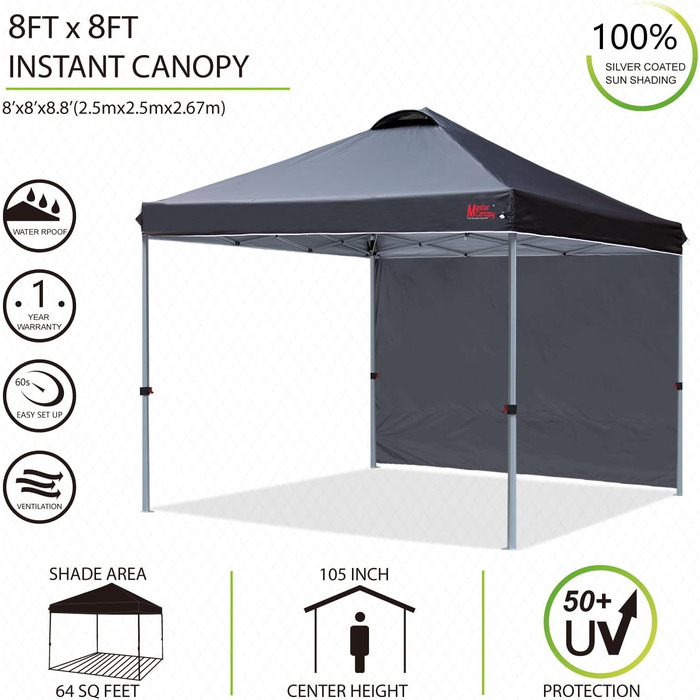 Павільйон MasterCanopy 2,5x2,5 м, складаний, з 1 стінкою, для ринку, саду, двору, чорний