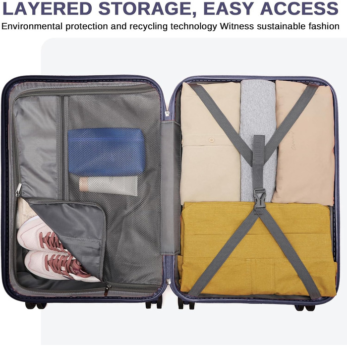 KONO Набір валіз 4 в 1: велика, середня, маленька та beauty case. Сучасний дизайн, ABS пластик, TSA замок, 4 колеса, темно-синій колір.