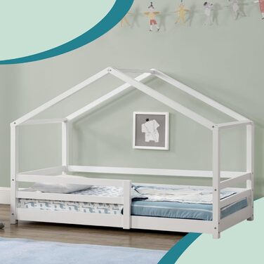 Дитяче ліжко Ліжко Kntten House Ліжко 90 х 200 см Дерев'яне дитяче ліжко із захистом від випадання Каркас ліжка з соснового дерева з рейковою основою Білий Білий 90x200 см