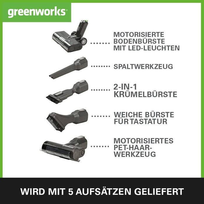 Акумуляторний пилосос Greenworks GD24SV, високе всмоктування, 45 хв, фільтр HEPA, насадка для шерсті домашніх тварин, 3 рівні, без акумулятора/зарядного пристрою, 3 роки гарантії, зелений, 5 насадок