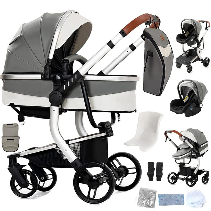 Дитяча коляска Reenborn 3 в 1, Buggy з двома режимами, алюмінієвий каркас, комплект з мішком для переодягання (588 Black)