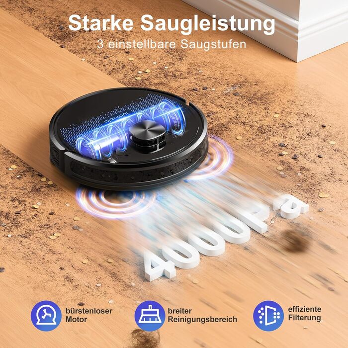 Робот-пилосос Lubluelu з функцією миття підлоги, 4500Pa, лазерна навігація, 5 карт, керування через додаток, для шерсті тварин, килимів, твердих підлог (блакитно-чорний)