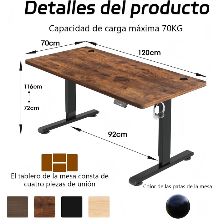 Регульований за висотою стіл Airfish з USB-роз'ємом, електричний стіл з підставкою для кабелів, комп'ютерний стіл, офісний стіл, столик для стояння з нагадуванням про сидячу роботу, 120 x 70 см, вінтажний коричневий