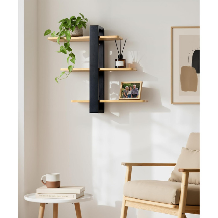 Полиця настінна дерев'яна SUMGAR, плаваюча, 3-ярусна, 50x58 см, чорно-дерев'яна, для вітальні, спальні