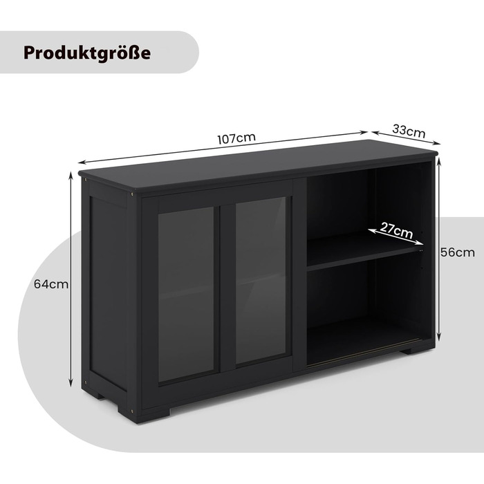 Сервант, Кухонна шафа з розсувними скляними дверцятами, регульована полиця, 107 x 33 x 62.5 см (чорний)