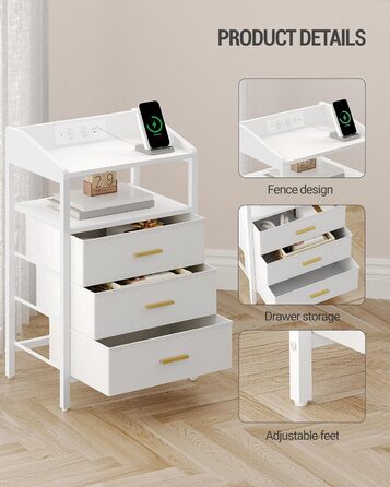 Комплект приліжкових столиків Hzuaneri з LED-підсвіткою, USB та розетками, 3 тканинні шухляди, полиці, для спальні та вітальні, білий NS35513W
