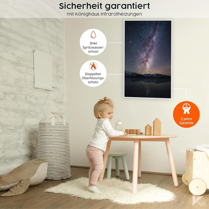 Інфрачервовий обігрівач Könighaus з ТÜV SÜD та 5 роками гарантії (Виготовлено в Німеччині). Можливість завантаження власного зображення. 300W, білий каркас, з термостатом