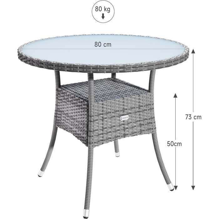 Садовий стіл Casaria круглий з полі ротанга, стійкий до погодних умов, Ø80 см, 80 кг з навантаженням, сірий