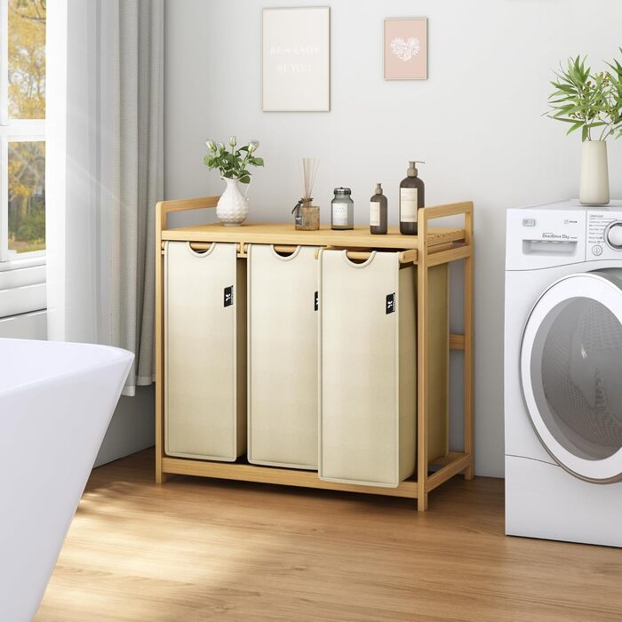 Кошик для білизни AdelDream 150L з 3 відділеннями, висувні полиці та знімний мішок для білизни, бамбуковий каркас, бежевий