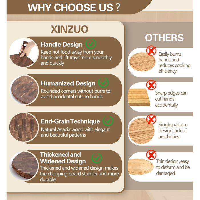 Нейлонове обробне дошка XINZUO Hirnholz (35x25x2.6cm) з антиковзкими ніжками, ручкою та жолобом для соку. Кухонна дошка з акації (42,5*32*1,9cm)