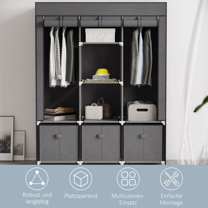 Шкаф HOMCOM Garderobe, розкладний, тканинний, з блискавкою, фліс, темно-сірий, 125x43x162,5 см | Aosom