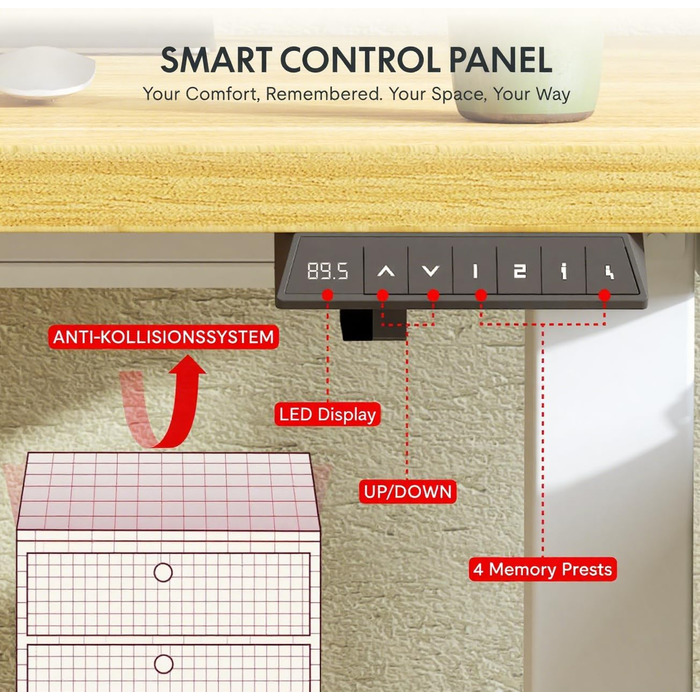 Регульований стіл Sanodesk з великою стільничною поверхнею, аксесуарами (підстаканник, гачки, органайзер, кабель-менеджмент), ергономічний для офісу та дому, шпон берези, 110x54 см, білий+шпон берези