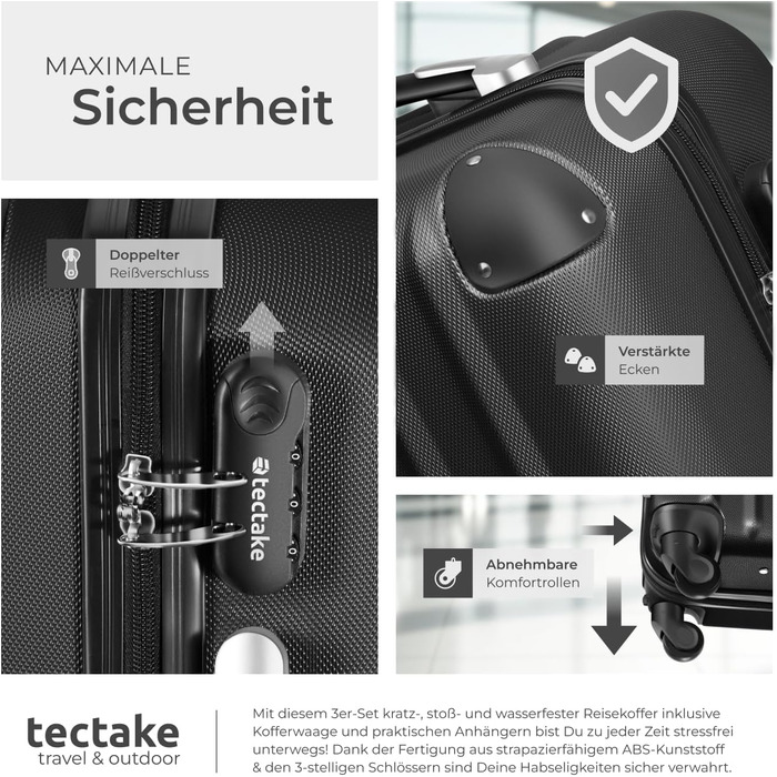 Набір валіз Tectake 3 шт. з ваговою та ідентифікатором, M-L-XL, ABS, чорний