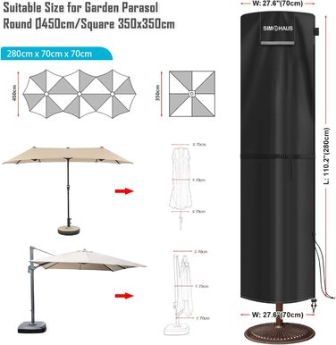 Захисний чохол для парасольки 4м, чохол для парасольки-маркізи, захисний чохол для парасольки до 400 см Ø, чохол для подвійних парасольок, анти-UV, Oxford Fabric, 280x70/70 см