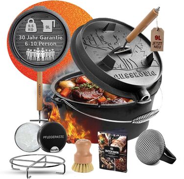 Набір Dutch Oven з емальованого чавуну 4.5л (2-4 особи) – голландська піч, каструля для тушкування з ніжками, подвійна функція – з кришкою-підйомником, очисником, щіткою та книгою рецептів – 30 років гарантії