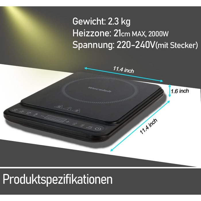 Індукційна варильна поверхня Weceleh 1 плита, індукційна конфорка потужністю 2000 Вт із сенсорним керуванням, індукційна плита з 10 налаштуваннями температури та рівнями потужності, індукційна конфорка з таймером на 3 години, блокування від дітей