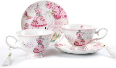Набір чашок та блюдець London Boutique, Шabby Chic, вінтажний дизайн, порцеляна з квітковим візерунком, 2 комплекти в подарунковій коробці, кераміка (Роза)