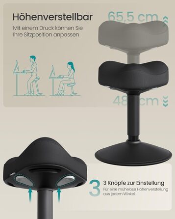 SONGMICS Стілець-табурет для стоячи, регульований по висоті, 48-65.5 см, чорний, OSC018BH01. Активний стул для офісу та дому.