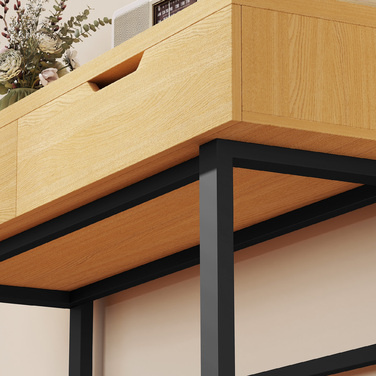 Вузький консольний столик з 2 висувними ящиками, металевим каркасом, для передпокою 110 x 35 x 76,5 см, колір: натуральний дуб