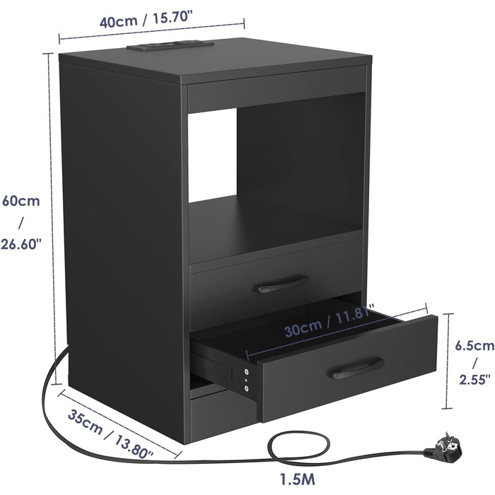 Тумба приліжкова чорна з LED-підсвіткою, 2 розетки, 2 USB, відкриті полиці та шухляда, 40x35x60 см, глянцева, для спальні