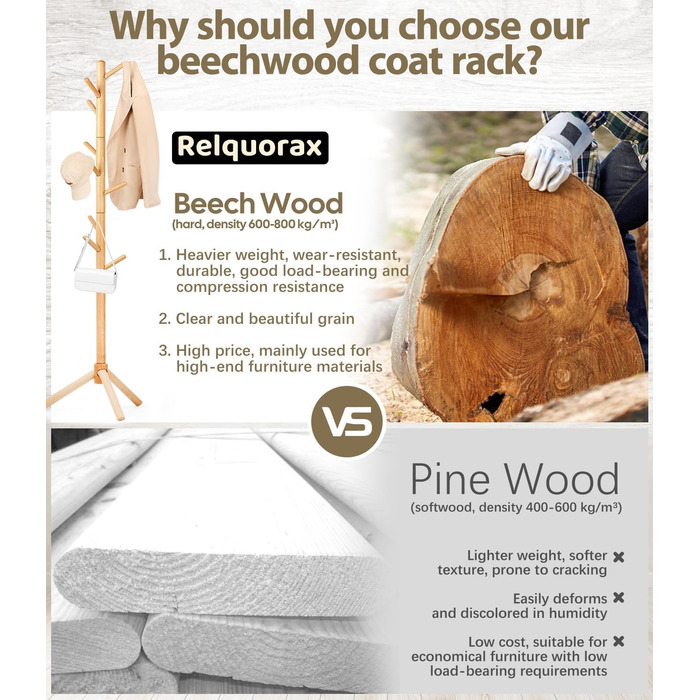 Підставка для одягу з бука, 9 гачків, 3 рівня висоти, білий колір, дерев'яна