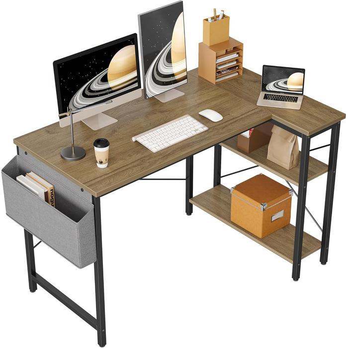 Кутовий комп'ютерний стіл BEXEVUE з розеткою та LED-підсвічуванням, 120x70 см. Ергономічний, з полицями, для дому, навчання та роботи. Чорний колір.